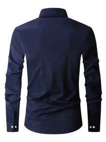 Men's Classic Formal Navy Blue Dress Shirt, Collared Button-Down Long Sleeve Shirt, Overseas Bestseller! Navy Blue Fitted Shirt, Unlock The Charm Of A Stylish Man
