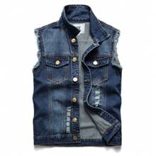 Men's Denim Vest Sleeveless Jacket Slim Fit Vintage Casual Ripped Summer Jean Vest For Men - 藍色 - 查看 1