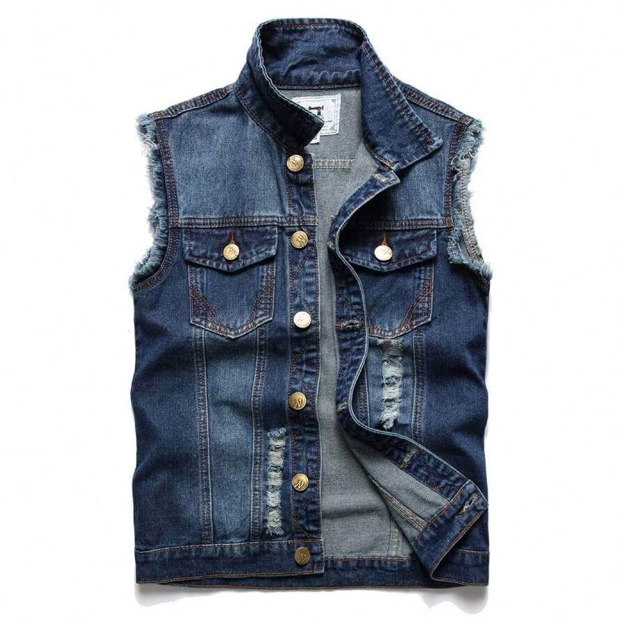 Men's Denim Vest Sleeveless Jacket Slim Fit Vintage Casual Ripped Summer Jean Vest For Men - 藍色 - 查看 1