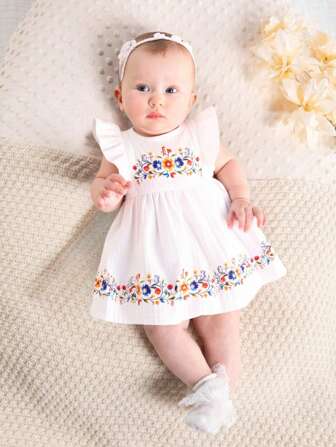 女婴花卉印花连衣裙，圆领盖袖，休闲室内/户外服装，春夏