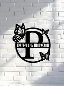 一片式可定制蝴蝶图案26个字母金属铁艺装饰个性家族名字铁艺标志时尚字母家居墙饰适用于客厅门口室内花园金属装饰 - 黑色 - 查看 9