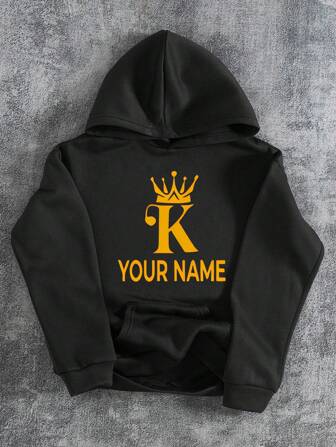 Customizable Boys' Stylish Hoodie With Personalized Text & Letter Graphic, Comfortable Sweatshirt