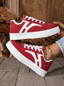 Women's Solid Color Casual Sneakers, Lace-Up Soft Bottom Thick Sole Skateboard Shoes, Versatile Low-Top Comfortable Shoes