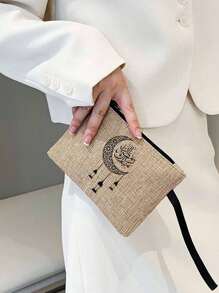 Hollow Pattern Moon Star Bead Curtain Pendant Pattern Linen Handbag Storage Bag, With A Linen Zipper Makeup Bag, Teacher's Day Gift Bag, Teacher's Gift, Moon Star Pattern Gift Bag, Portable Shopping Bag, Lightweight Foldable Storage Bag, Simple Shopping Bag, Nurse, Doctor, Teacher Gratitude Large Capacity Storage Bag, Teacher, Mother's Gift, Personal Travel Makeup, Shopping Bag, Large Capacity Storage, Always The Best Valentine's Day Gift