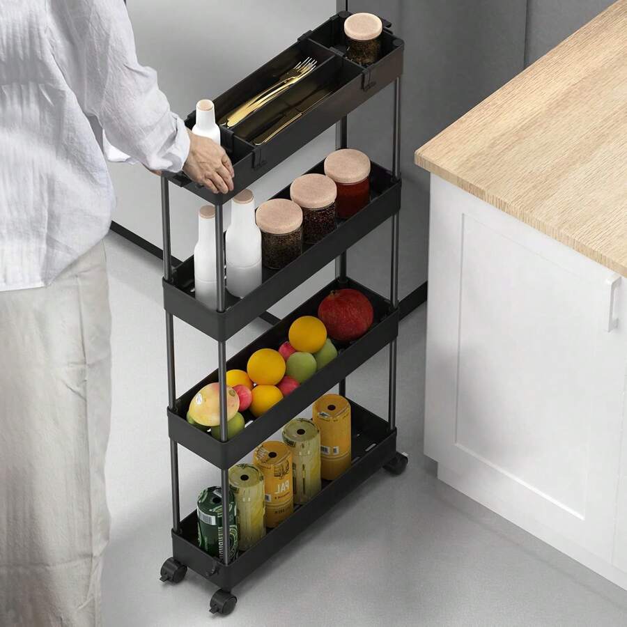 4-Tier Slim Rolling Storage Cart Storage Cart Organizer Rolling Utility Cart, Mobile Shelving Unit Slide Out Storage Shelves For Kitchen Living Room Bathroom Laundry Room & Dressers Outdoor Decor - Black - View 1