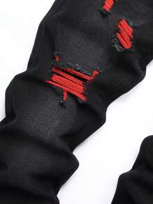 JUNBAOSS Pantalones vaqueros ajustados elásticos para hombre, pantalones vaqueros ajustados rotos para hombre, moda desgastada, rectos, cómodos, cintura flexible - Negro - Ver 6