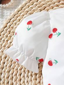 Bộ 2 món áo sơ mi in nơ trang trí hình quả anh đào cho bé gái và chân váy viền bèo nhún - Đỏ - Xem 5