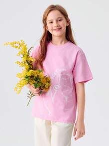 Balabala Tween Girl' Quick-Dry Short-Sleeve T-Shirt, Boys' & Girls' 2025 Family Matching Summer Top - Pink - View 1