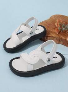 1双儿童露趾凉鞋，男童夏季防滑软底沙滩鞋，幼儿休闲魔术贴平底交叉设计凉鞋 - 白色 - 查看 3