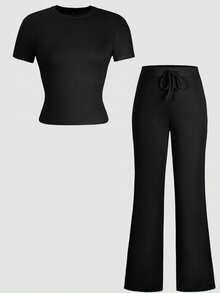 GAOVOT Women's Y2K Style Summer Sports Casual Set, Including Solid Color Crew Neck Short Sleeve T-Shirt And Slim Straight Leg Pants - Black - View 8