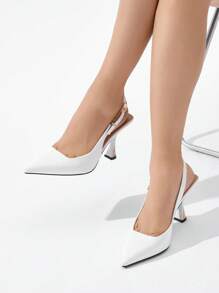 Women's Pointed Toe Closed Toe Metal Buckle Decor Solid Color High Heel Shoes, Slip-On Comfortable Formal Dress Pumps For Work, Commuting And Daily Wear, Suitable For Autumn/Winter, White Glossy, Elegant - White - View 3