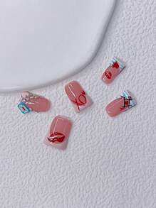 10片装Y2K粉色法式美甲套装，时尚鸭嘴造型，手工制作，亮面质感，饰以蓝色法式斑马纹、手绘红色爱心、嘴唇和信封爱心图案 - 完美适用于派对和休闲装扮，是送给女性和女孩的完美节日礼物，包含美甲工具套装。 - 彩色 - 查看 2
