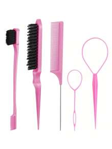 Juego de peluquería para niños de 5 piezas, 2 herramientas de cola superior, 1 cepillo para cardar la melena, 1 cepillo de bordes, 1 peine de cola de ratón estilo femenino, peinado de cabello volador, peinado de bordes y hacia atrás, adecuado para el juego de cepillos para el cabello de niñas