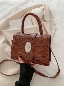 优雅时尚鳄鱼压纹休闲百搭单肩托特包 - 棕色 - 查看 10