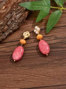 2pcs Elegant Sexy Asymmetrical Geometric Wavy Jade-Like Resin Pendant & Round Gold-Color Heart Stud Earrings, For Women's Party, Holiday, Travel Wear. Resin Material Has Multi-Color Tones & Patterns, Mold Marks Are Normal Phenomena