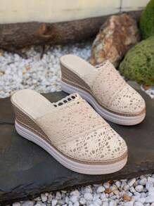 Estate nuova moda Abito beige con design forato traspirante versatile, Casual sandali da spiaggia a punta tonda in rete, Eleganti zeppe in colore solido vintage romantiche con plateau alto e impermeabili, Sandali da donna con suola spessa