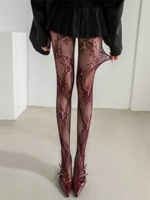 1 paire de collants femme haut de gamme de style rétro français à motif de rose en dentelle, collants skinny à haute élasticité, design ajouré transparent pour affiner la silhouette