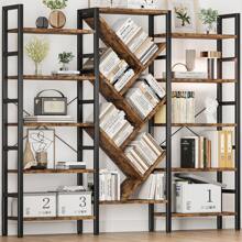 INNOD 5 Tier Etagere Bookcase, Large Wooden Bookcase With 17 Open Display Shelves, Triple Modern Tree Book Shelf Metal Frame Tall Bookshelves Furniture For Living Room Bedroom Home Office - 黑色 - 查看 1