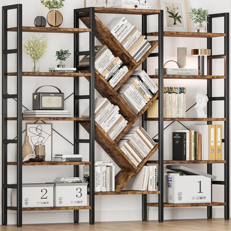 INNOD 5 Tier Etagere Bookcase, Large Wooden Bookcase With 17 Open Display Shelves, Triple Modern Tree Book Shelf Metal Frame Tall Bookshelves Furniture For Living Room Bedroom Home Office - 黑色 - 查看 1