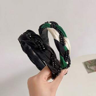 1pc Elegant Contrast Color Polyester (Polyester) Black Crystal Twist Headband, Chic Street Style Versatile For Women, Spring/Summer/Autumn/Winter