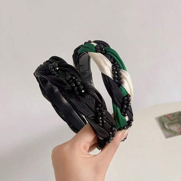 1pc Elegant Contrast Color Polyester (Polyester) Black Crystal Twist Headband, Chic Street Style Versatile For Women, Spring/Summer/Autumn/Winter