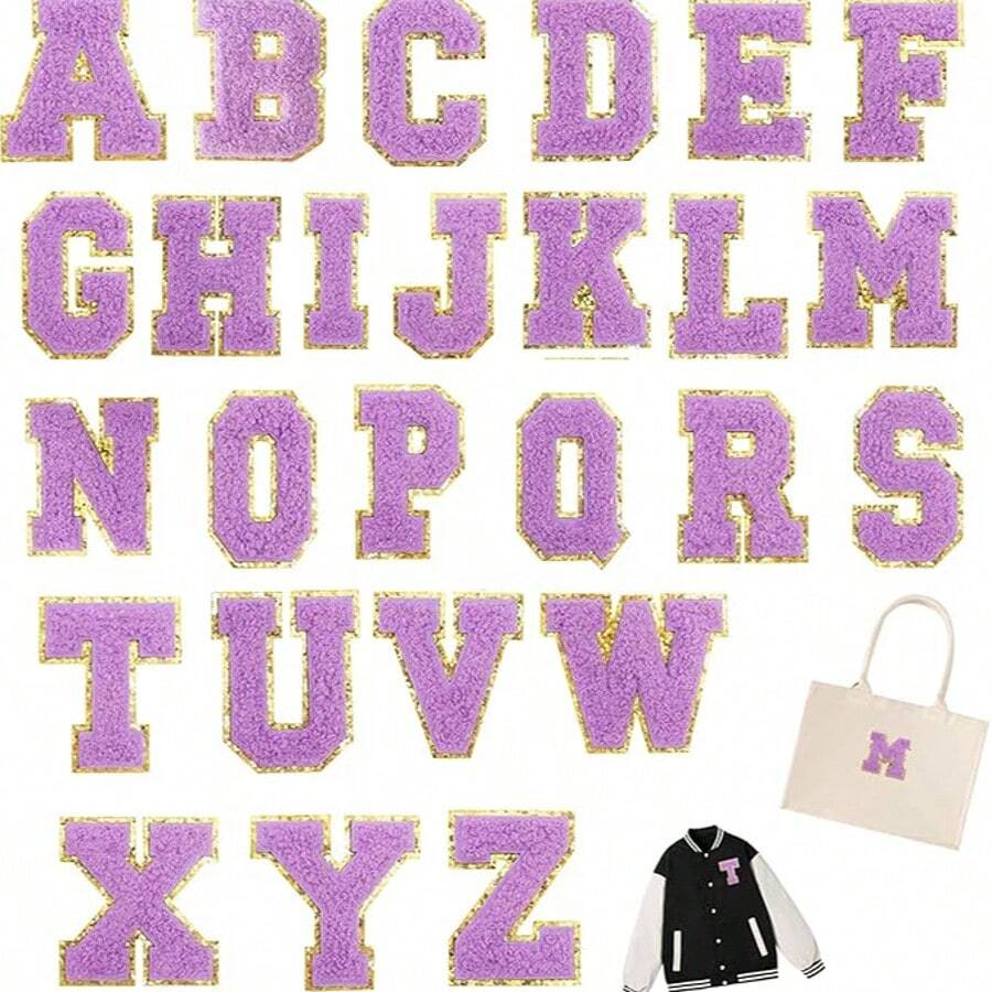 Self Adhesive Letter Patches, Clothing Hot Stamping Letters, 26 Light Purple Patch Letters With Flashing Letters - Light Purple - View 1