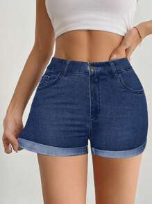 Women's Stretchy Plain Black Color Denim Shorts, Fashionable Slim Fit High Waist Jean Shorts, Casual Street Style, Summer Essential - Dark Wash - View 1