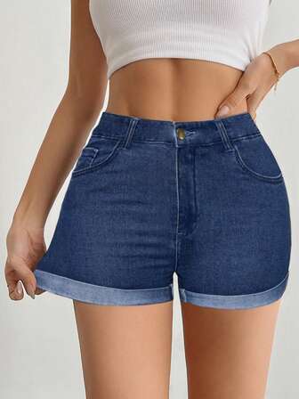 Women's Stretchy Plain Black Color Denim Shorts, Fashionable Slim Fit High Waist Jean Shorts, Casual Street Style, Summer Essential