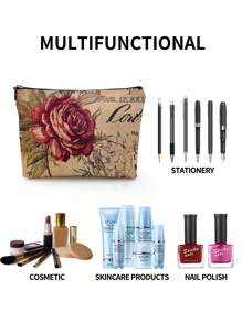 1 件复古花卉亚麻印花化妆包，可爱旅行化妆包和多功能零钱包，女性必备轻便礼物