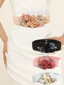 1pc Women Elastic Waist Belt With Faux Lace & Faux Pearl Flower Decor, Vacation Inspired Summer, School Fall, Autumn, Halloween