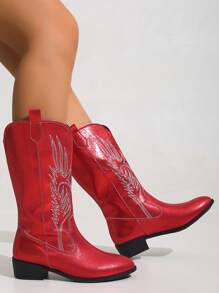 Women's New American Vintage Embroidered Canvas Pointed-Toe Western Boots, Passionate Red Glitter Canvas Cool Fashion High Boots, High Heel Chunky Heel Riding Boots, Fashionable Punk Style Chelsea Boots