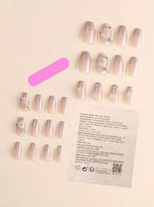 24 件椭圆形、棺材形、方形按压式指甲套装，配有美人鱼水晶猫眼石，包括 1 件果冻凝胶和 1 件锉刀按压式指甲