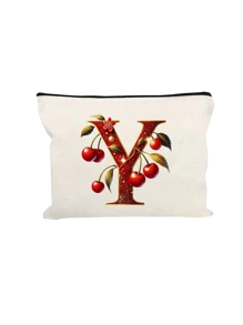 Witte make-uptas van polyestervezel, kleine witte tas, glanzend gouden kersenrode letters A-Z bedrukt patroon, make-uptas, draagbare toilettas, Moederdagcadeau, perfect cadeau voor moeders, herbruikbare make-uptas, eenvoudige grote capaciteit reismake-uptas voor vrouwen, oortelefoon, datakabel, accessoire-opslag, muntzak, multifunctioneel draagbaar cadeau voor vrouwen
