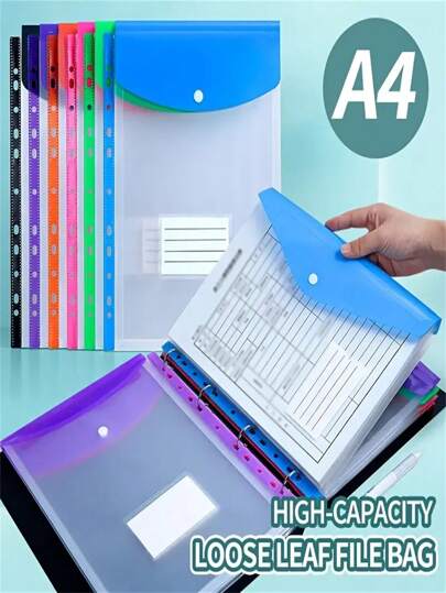 12-Piece A4 High Capacity Bulk File Bag With Binding Ring With 11 Holes, Modern PP Material, Expansion Button And Label Pocket For School, Home, Office, Attendance, Travel - Portable Design,Back To School,School Supplies