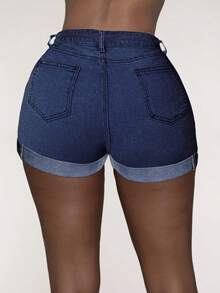 Women's Stretchy Plain Black Color Denim Shorts, Fashionable Slim Fit High Waist Jean Shorts, Casual Street Style, Summer Essential - Dark Wash - View 5