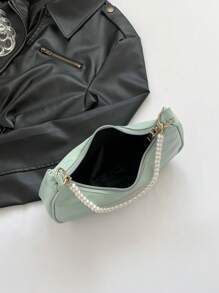 New Fashionable Solid Orange Handheld Bag With Faux Pearl Chain, Casual Crescent PU Underarm Shoulder Elegant Lady Bag, Spring/Summer