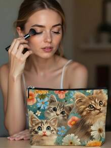 1 件彩色花卉猫抽象亚麻印花化妆包，可爱旅行化妆包和多用途零钱包，轻便女性必备礼物