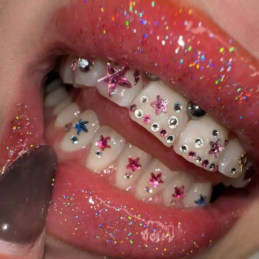 47pcs Colorful Rhinestone Star Tooth Jewelry Set, Y2K Cute Super Shiny Tooth Accessories For Daily, Party, Festival, Unisex (Excluding Glue)