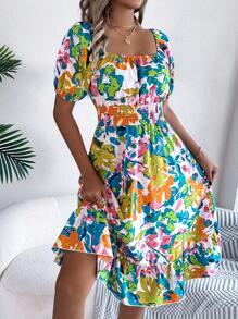 Women's Casual Vacation Puff Sleeve Drawstring Floral Mini Dress, Spring/Summer - màu xanh lá - Xem 4