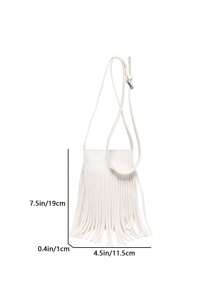 Mini Fashionable Casual Minimalist Large Capacity Fringe Decor Bucket Shoulder Bag - White - View 10