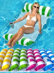 1 pieza Hamaca inflable a rayas, relajación, cama flotante con respaldo de malla, plegable, artículos esenciales de playa, juegos de natación, accesorios de playa, flotador de piscina