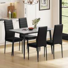 Dining Table And Chairs Set Of 4, 120CM Marble Effect Dining Table With 4 Faux Leather High Back Dining Chairs,Modern Dining Table Set For Home/Kitchen Office - Grey Table and 4 Black Chairs - View 3