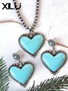 1 set de collar con colgante y aretes de estilo retro y país del oeste antiguo con diseño exagerado de color turquesa al estilo del Día de San Valentín para mujeres