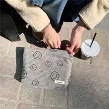 Printed Canvas Wristlet Pouch With Plush Lining, Retro Smiling Face Cosmetic Bag, Multifunctional Organizer For Makeup, Keys, Phone, Pen, Coins - Large Capacity