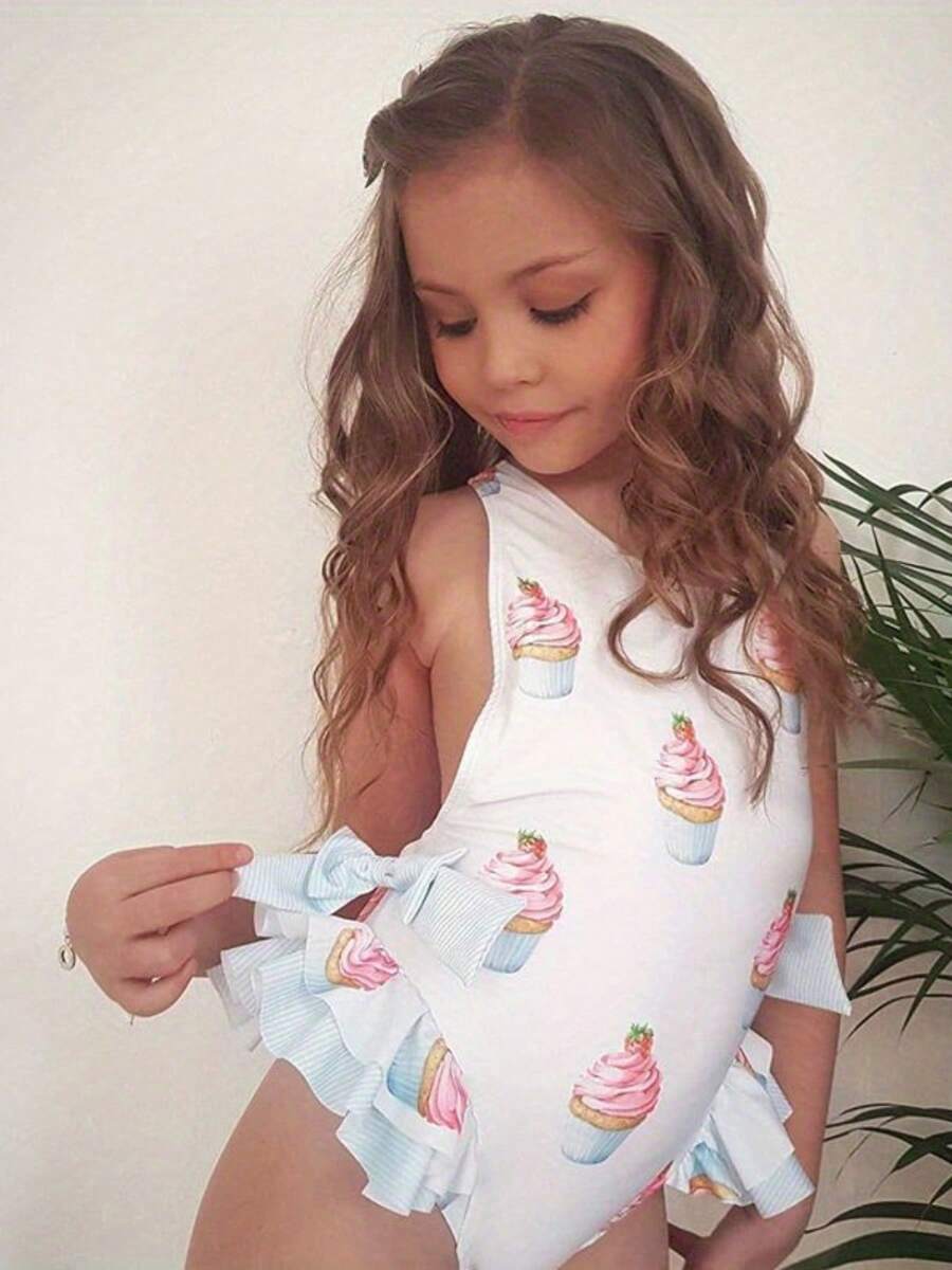 Girls Fashion Ruffles One Piece Swimsuit Cute Bow Cake Pattern Backless Suspender Swimsuit - trắng - Xem 1