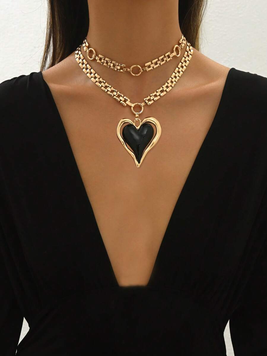 1pc New Creative Heart Splice Fashion Versatile Personalized European Style Multi-Layer Chain Necklace - Yellow Gold - View 1
