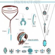Western Jewelry For Women Bohemian Turquoise Jewelry Set Turquoise Pendant Choker Necklace Turquoise Faux Leather Cuff Bracelet Turquoise Hoop Dangle Earrings Turquoise Joint Knuckle Rings