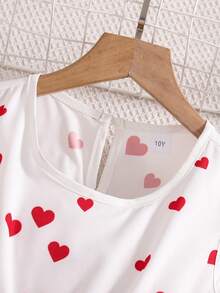 Tween Girl Heart Pattern Print Round Neck Sleeveless Dress - White - View 3