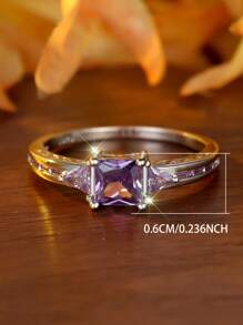 优雅简约 925 纯银公主方形切割紫水晶戒指，适合婚礼、订婚、周年纪念、生日礼物 - 紫色 - 查看 5