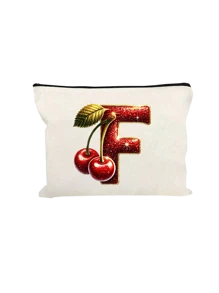 Witte make-uptas van polyestervezel, kleine witte tas, glanzend gouden kersenrode letters A-Z bedrukt patroon, make-uptas, draagbare toilettas, Moederdagcadeau, perfect cadeau voor moeders, herbruikbare make-uptas, eenvoudige grote capaciteit reismake-uptas voor vrouwen, oortelefoon, datakabel, accessoire-opslag, muntzak, multifunctioneel draagbaar cadeau voor vrouwen